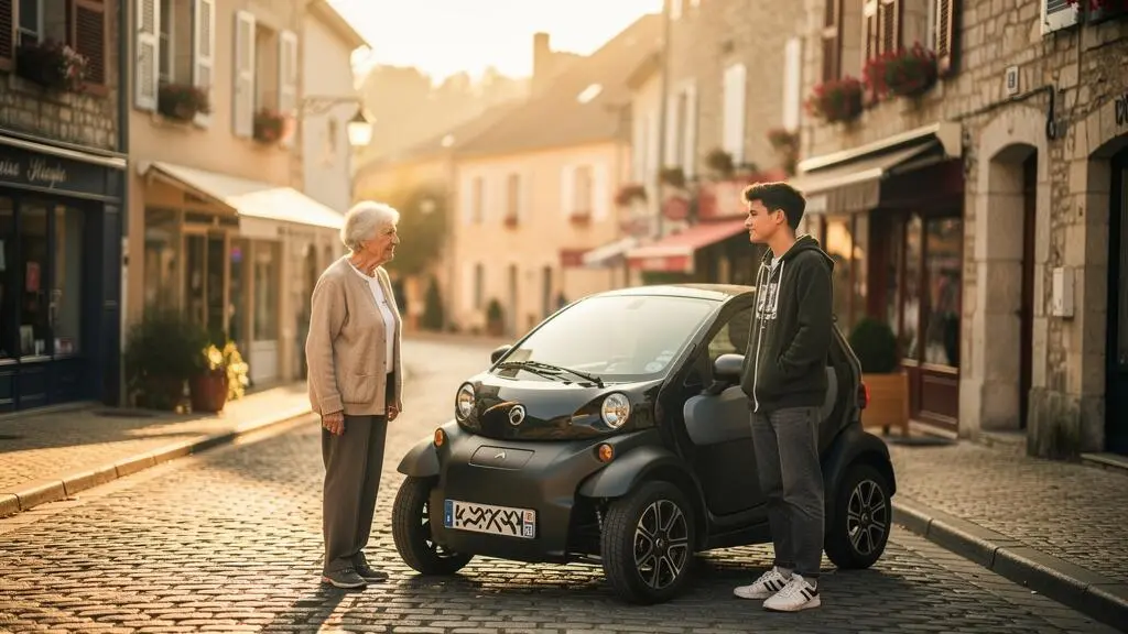 Petite voiture sans permis stationnée dans une rue de ville française au lever du jour, symbole de mobilité accessible à tous les âges.